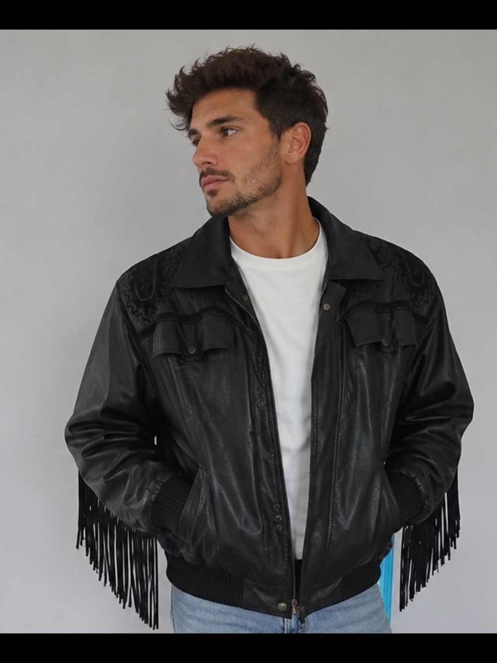 Black Leather Fringe Bomber Jacket - Men's Stylish Fringe Detail